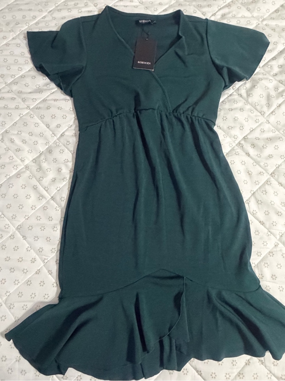 Kookoon Forest Green High-Low Ruffle Dress with V-Neck